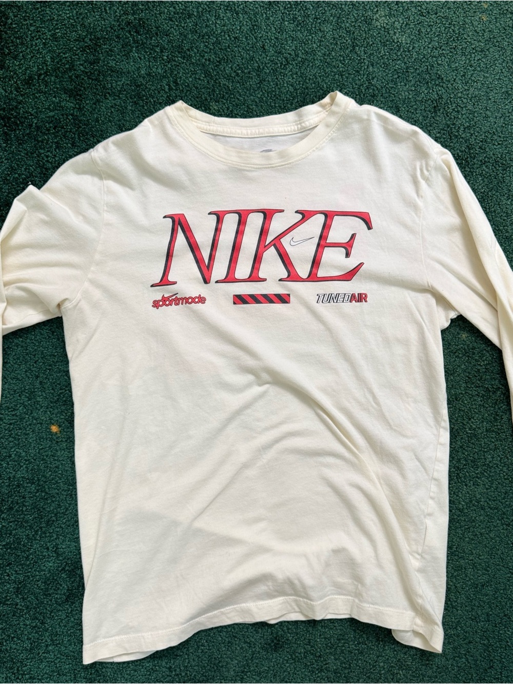 Nike Men's Cream Long-Sleeve Logo Shirt with Red Accent